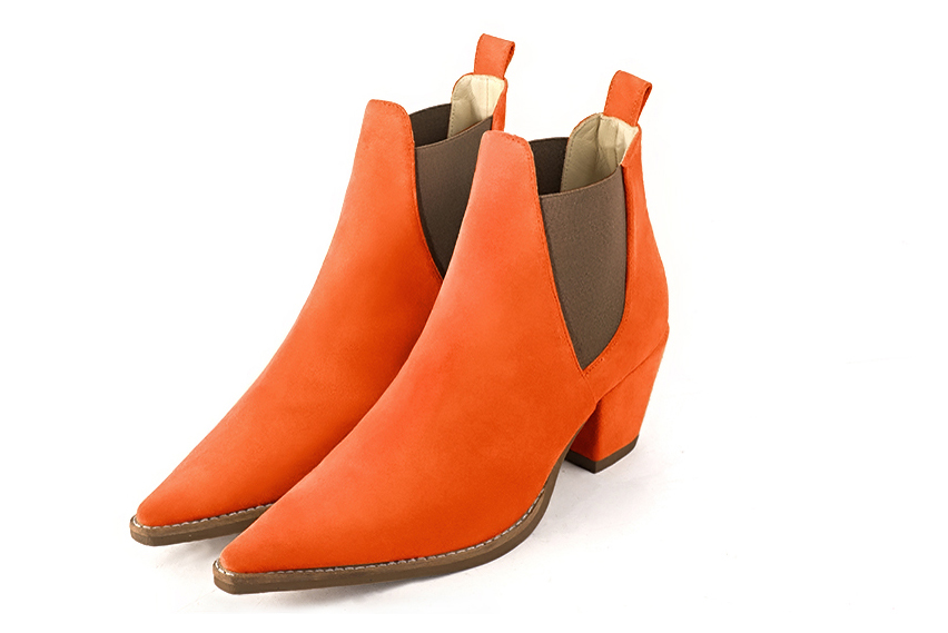 Clementine orange and taupe brown women's ankle boots, with elastics. Pointed toe. Medium cone heels. Front view - Florence KOOIJMAN